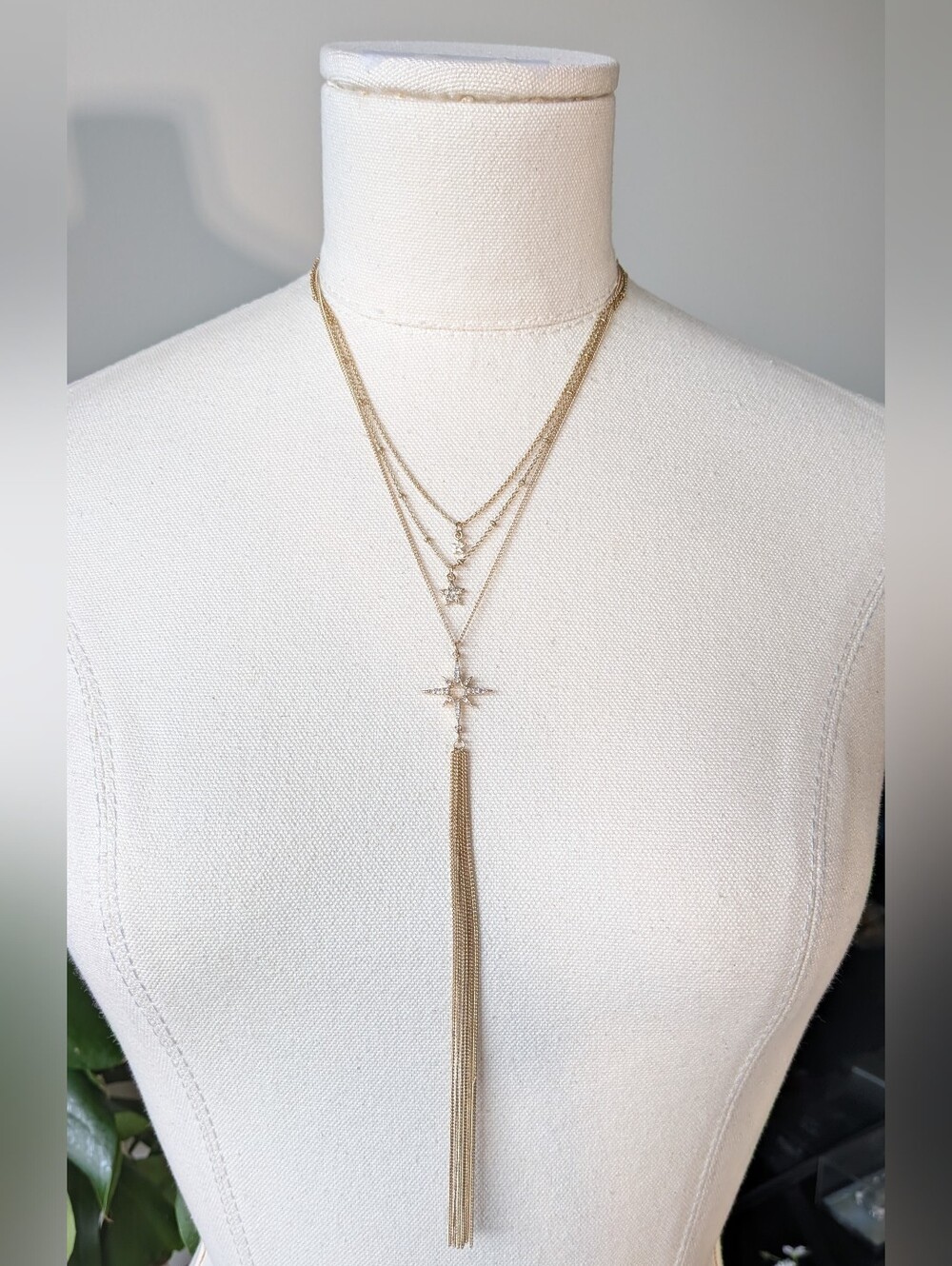 NWOT Express Gold Layered Celestial Star Tassel Necklace Rhinestone
